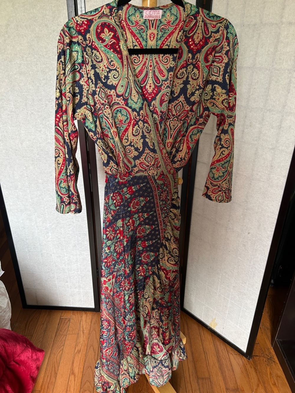 Cienna Red Paisley Wrap Maxi Dress with Long Sleeves